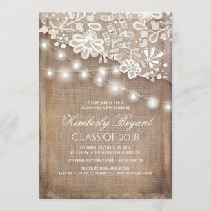 Rustic Burlap String Lights Lace Graduation Party Invitation