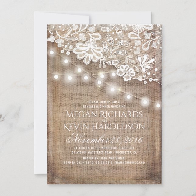 Rustic Burlap String Lights Lace Rehearsal Dinner Invitation (Front)