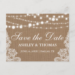 Rustic Burlap String Lights Lace Save the Date Announcement Postcard