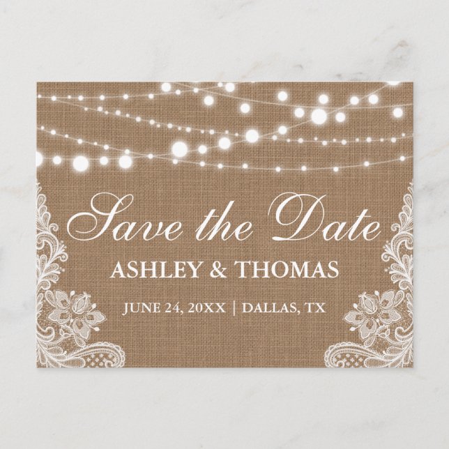 Rustic Burlap String Lights Lace Save the Date Announcement Postcard (Front)