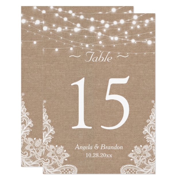 Rustic Burlap String Lights Lace Table Number