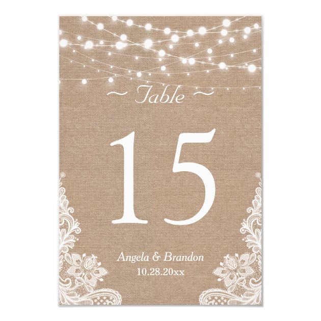 Rustic Burlap String Lights Lace Table Number