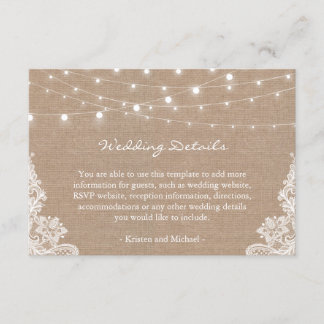 Rustic Burlap String Lights Lace Wedding Details Enclosure Card