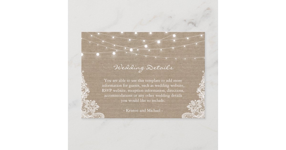 Rustic Burlap String Lights Lace Wedding Details Enclosure Card | Zazzle