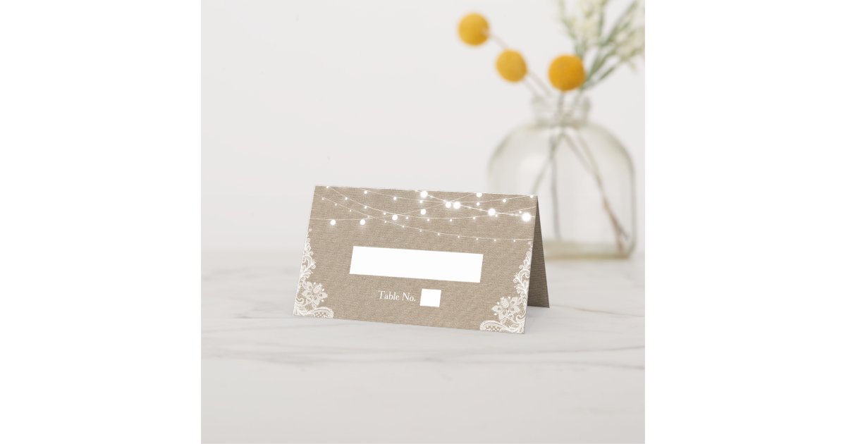 Rustic Burlap String Lights Lace Wedding Place Card | Zazzle