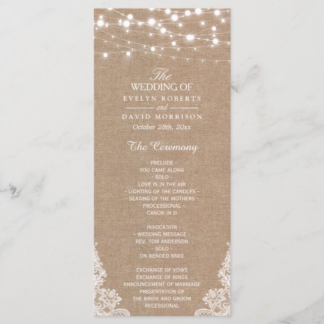 Rustic Burlap String Lights Lace Wedding Program (Front)