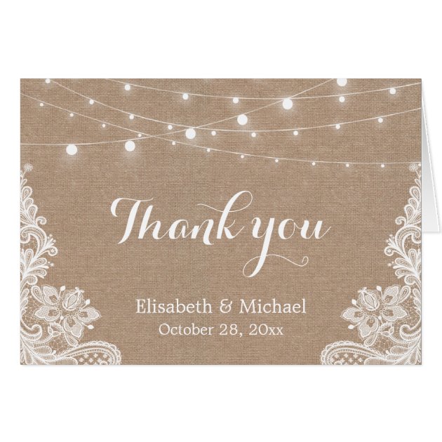Rustic Burlap String Lights Lace Wedding Thank You Card