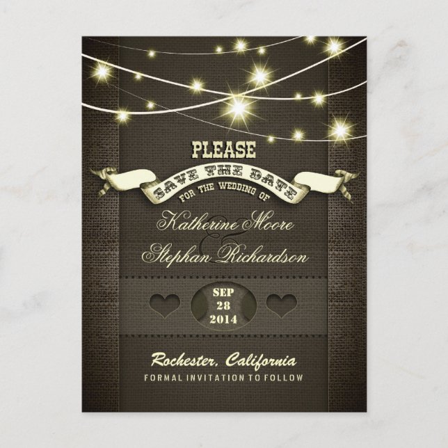 rustic burlap string lights save the date announcement postcard (Front)