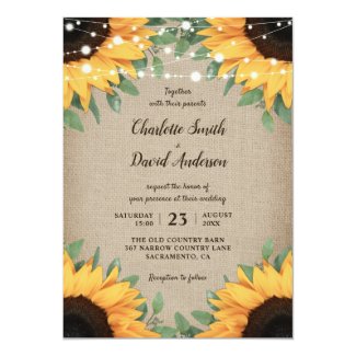 Rustic Burlap String Lights Sunflower Wedding Invitation
