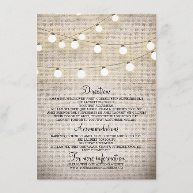 Rustic Burlap String Lights Wedding Details Card