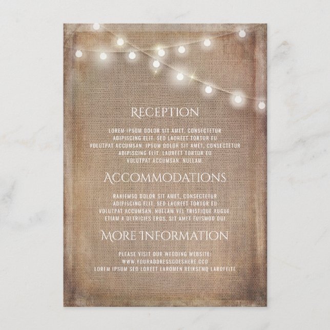 Rustic Burlap String Lights Wedding Information Enclosure Card (Front)