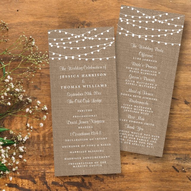 Rustic Burlap String Lights Wedding Program (Creator Uploaded)