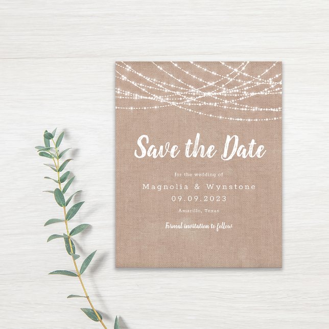 Rustic Burlap String Lights Wedding Save the Date (Creator Uploaded)