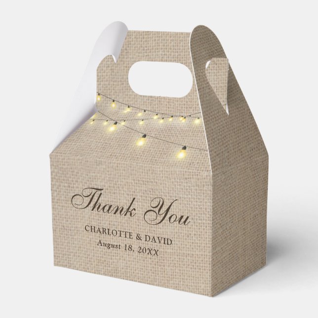 Rustic Burlap String Lights Wedding Thank You Favor Boxes (Front Side)