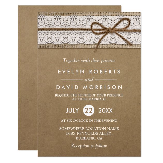 Rustic Burlap String Tied In A Bow Lace Wedding Invitation