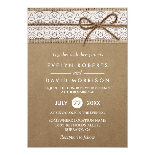 Rustic Burlap String Tied In A Bow Lace Wedding Invitation