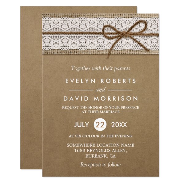 256497483537513850 Rustic Burlap String Tied in a Bow Lace Wedding Invitation