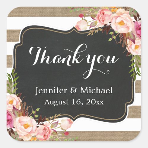 Rustic Burlap Striped Elegant Floral Thank You Square Sticker