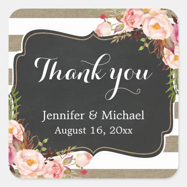 Rustic Burlap Striped Elegant Floral Thank You Square Sticker | Zazzle