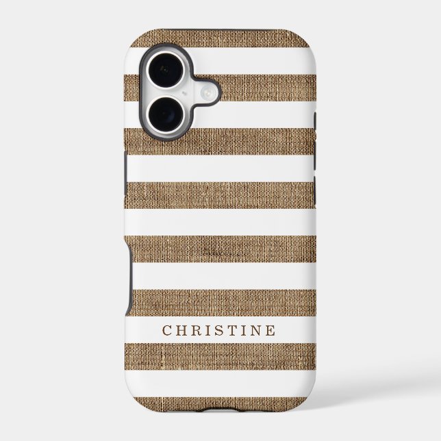 Rustic Burlap Striped Monogram Name Iphone Case (Back)