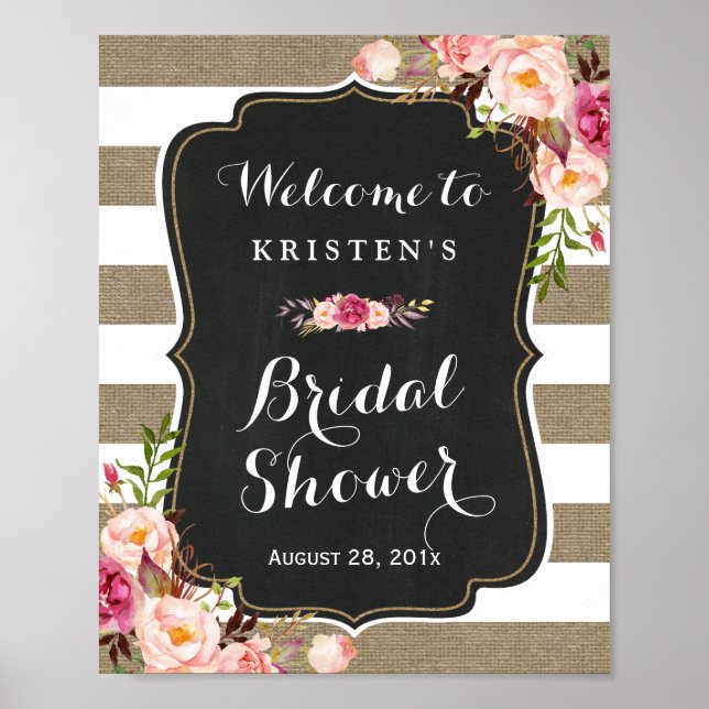 Rustic Burlap Stripes Floral Bridal Shower Sign (Front)