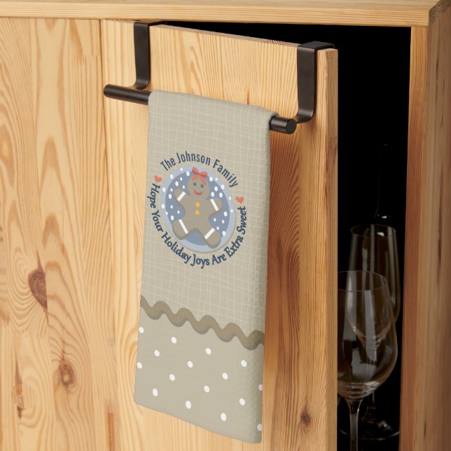 Rustic Burlap Style Gingerbread Man Monogrammed Kitchen Towel (Thirds Fold)