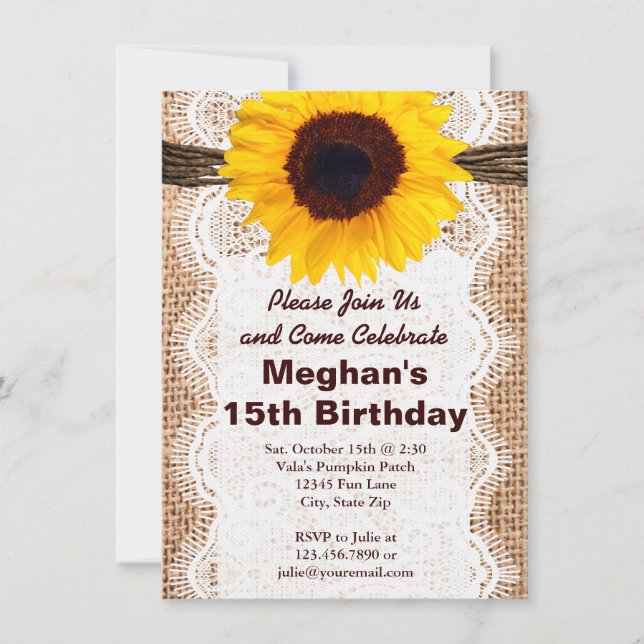 Rustic Burlap Sunflower Birthday Party Invitations (Front)
