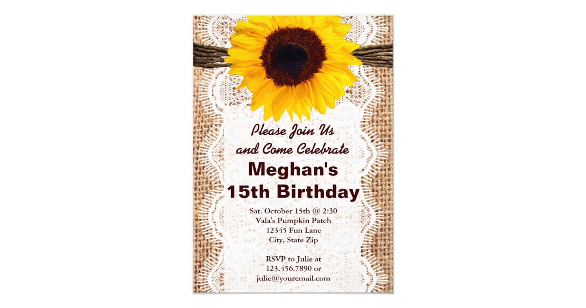 Rustic Burlap Sunflower Birthday Party Invitations