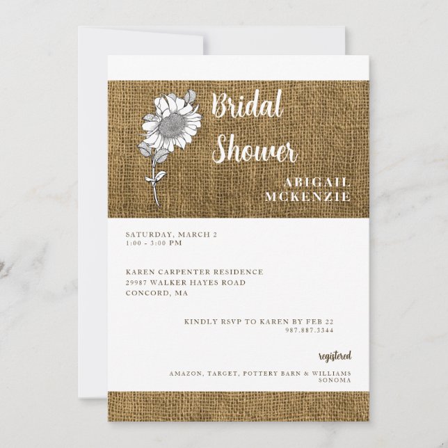 Rustic Burlap Sunflower Bridal Shower Invitation (Front)