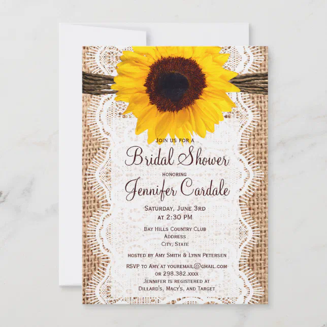 Rustic Burlap Sunflower Bridal Shower Invitations | Zazzle