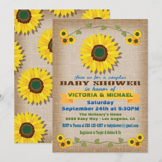 Rustic Burlap Sunflower Couples Baby Shower Invitation (Front/Back)