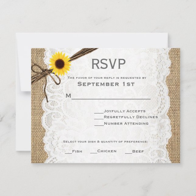 Rustic Burlap, Sunflower, & Lace Wedding RSVP Card (Front)