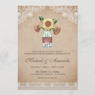 Rustic Burlap Sunflower Mason Jar Lace Wedding Invitation