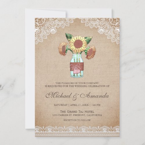 Rustic Burlap Sunflower Mason Jar Lace Wedding Invitation