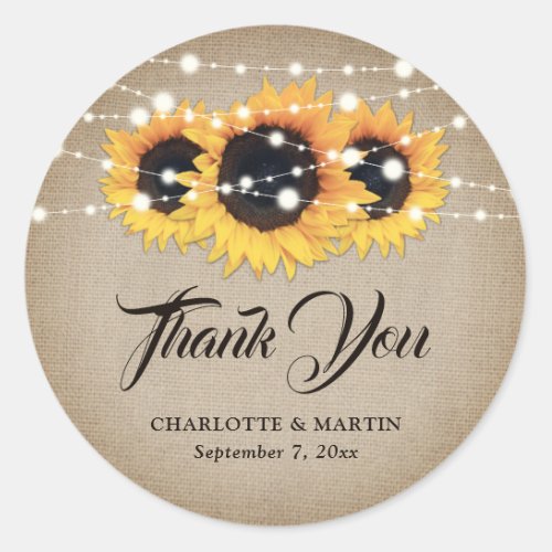 Rustic Burlap Sunflower Thank You Wedding Favor Classic Round Sticker