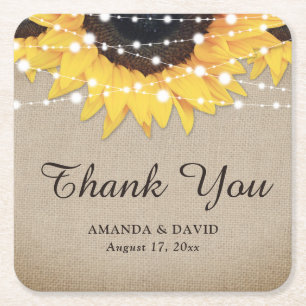 Rustic Burlap Sunflower Thank You Wedding Favor Square Paper Coaster