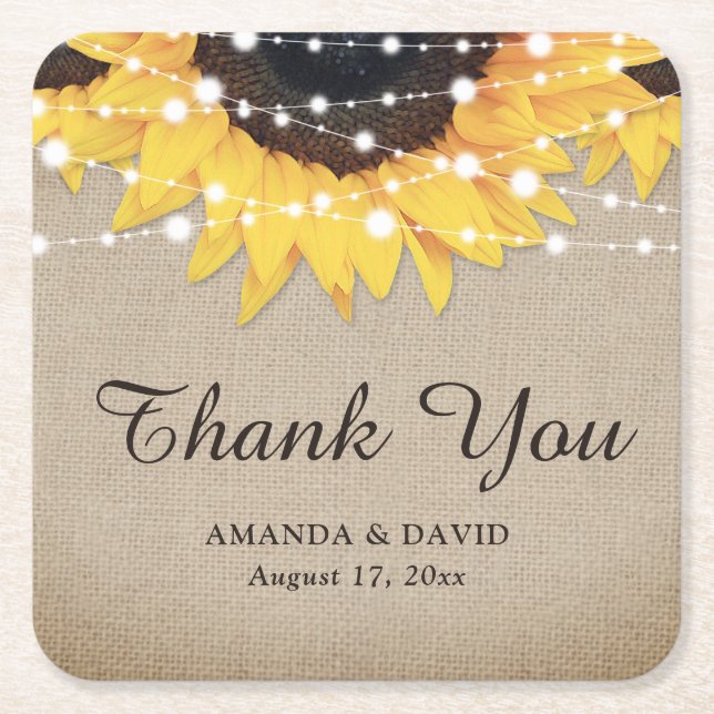 Rustic Burlap Sunflower Thank You Wedding Favor Square Paper Coaster (Front)