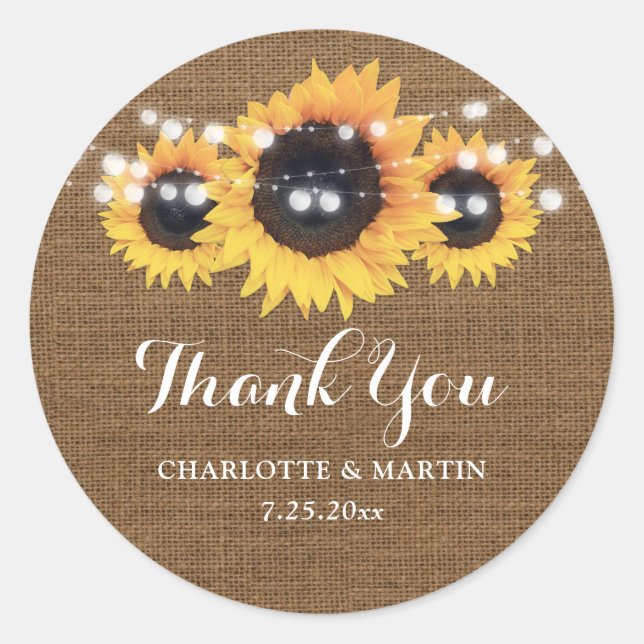 Rustic Burlap Sunflower Wedding Favor Classic Round Sticker (Front)