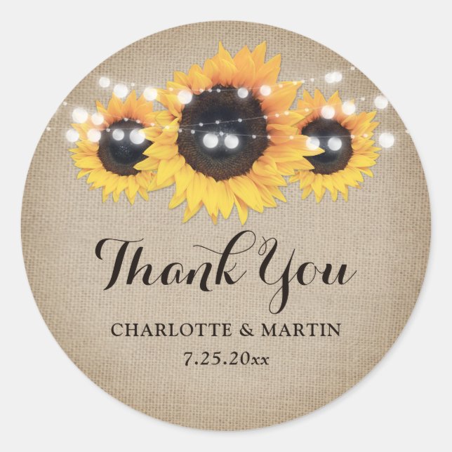 Rustic Burlap Sunflower Wedding Favor Classic Round Sticker (Front)
