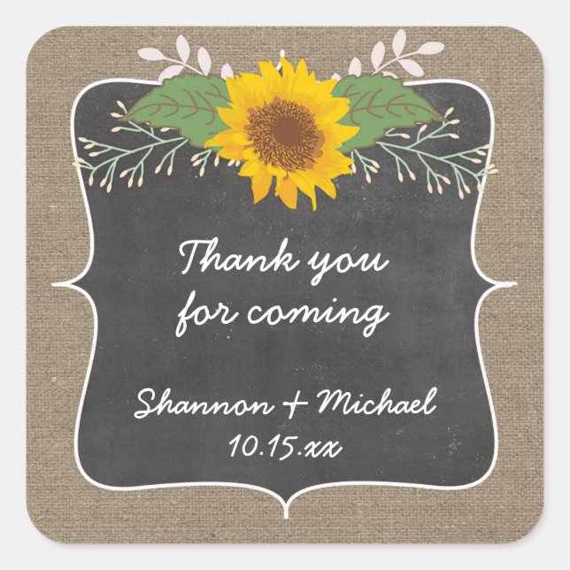 Rustic Burlap Sunflower wedding favor sticker (Front)