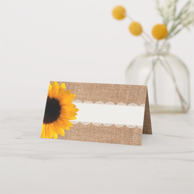 Rustic Burlap Sunflower Wedding Folded Place Card (Front)