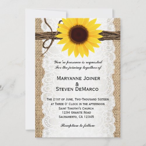 Rustic Burlap Sunflower Wedding Invitation