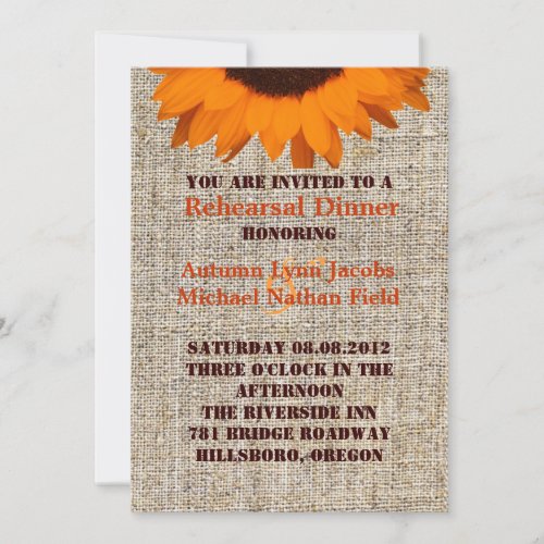 Modern Country burlap  orange Sunflower wedding Personalized Invite