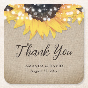 Rustic Burlap Sunflower Wedding Thank You Favor Square Paper Coaster