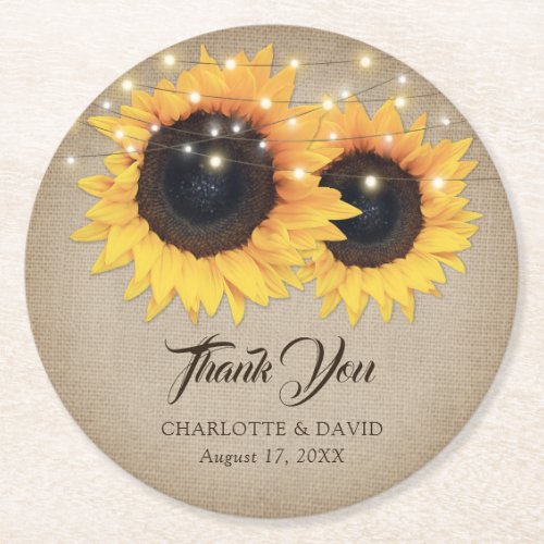 Rustic Burlap Sunflower Wedding Thank You Round Paper Coaster