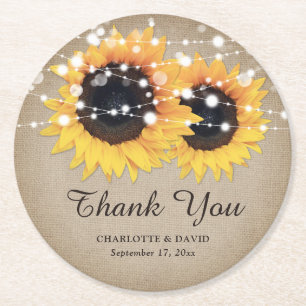 Rustic Burlap Sunflower Wedding Thank You Round Paper Coaster
