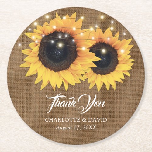 Rustic Burlap Sunflower Wedding Thank You Round Paper Coaster