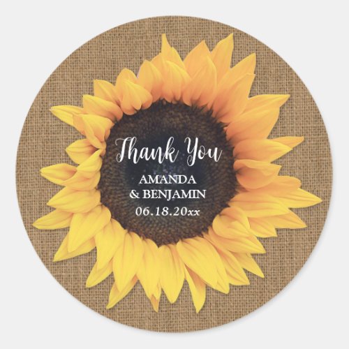 Rustic Burlap Sunflower Wedding Thank You Stickers