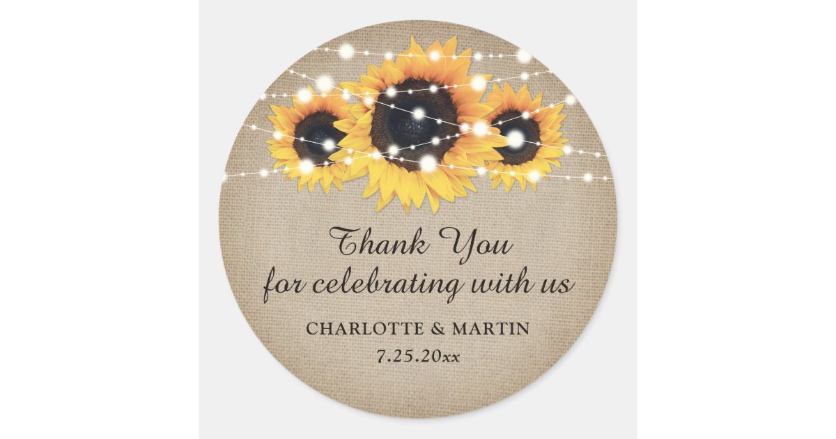 Rustic Burlap Sunflower Wedding Thank You Stickers | Zazzle