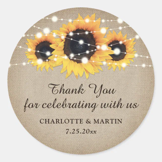 Rustic Burlap Sunflower Wedding Thank You Stickers | Zazzle
